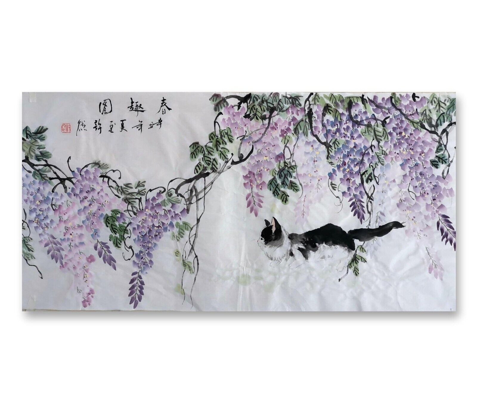 Traditional Chinese painting, Original Wisteria Painting,Cat Painting