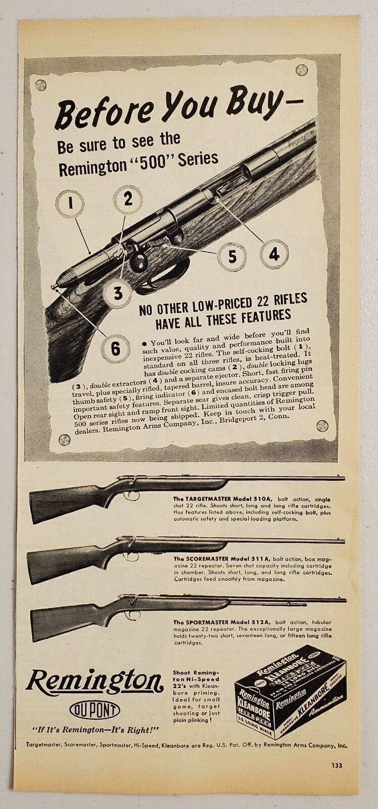 1946 Print Ad Remington 500 Series .22 Rifles 3 Models Bridgeport,Connecticut