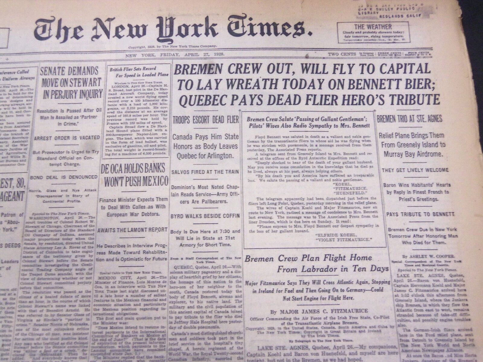 1928 APRIL 27 NEW YORK TIMES - BREMAN CREW OUT WILL FLY TO CAPITAL - NT 5340