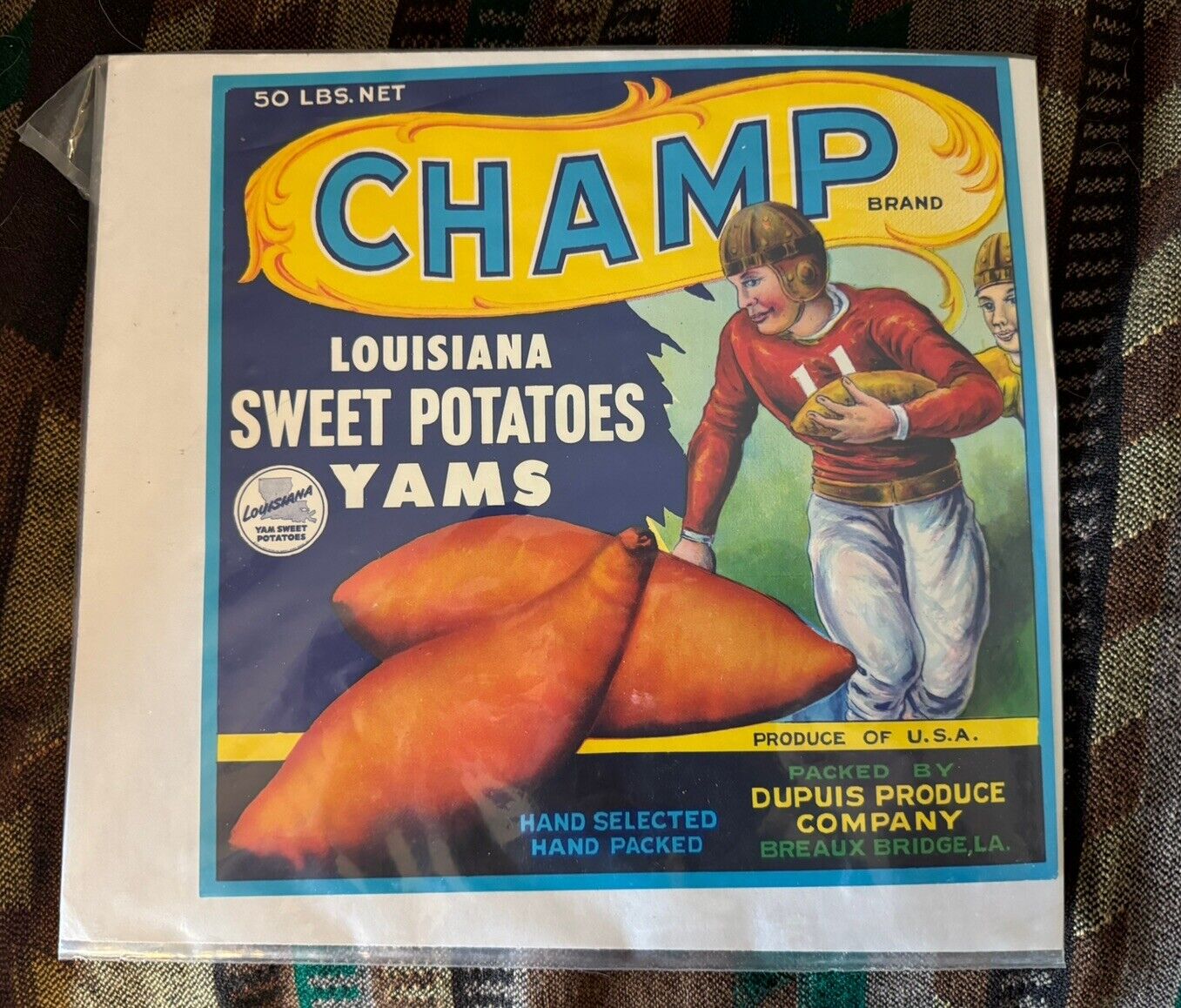 Champ, vintage yam crate label, Louisiana sweet potatoes yams, football ORIGINAL