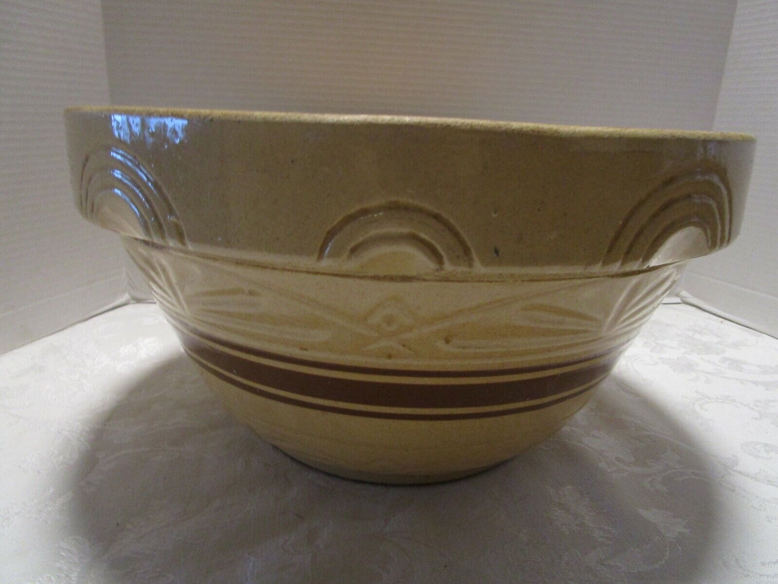Antique R.R.P.C  Yellow Ware Mixing Bowl 3 Brown Bands Big 14 ½”W Ohio USA 1900s