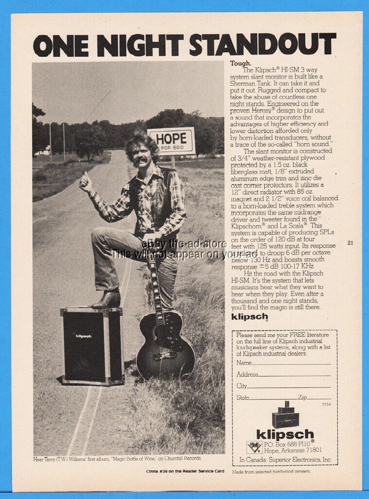 1978 Klipsch HISM Sound System Hope AR Terry Williams Magic Bottle Wine Print Ad