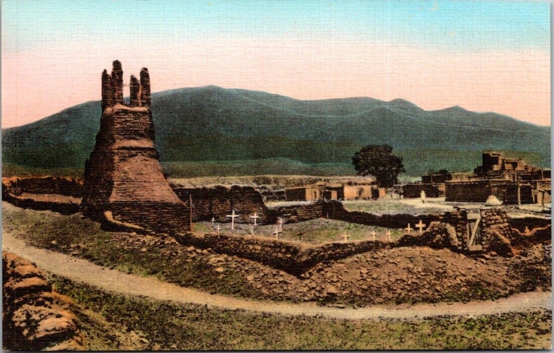 RARE Taos Pueblo New Mexico NM Ruins of Old Pueblo Church Hand Colored Postcard