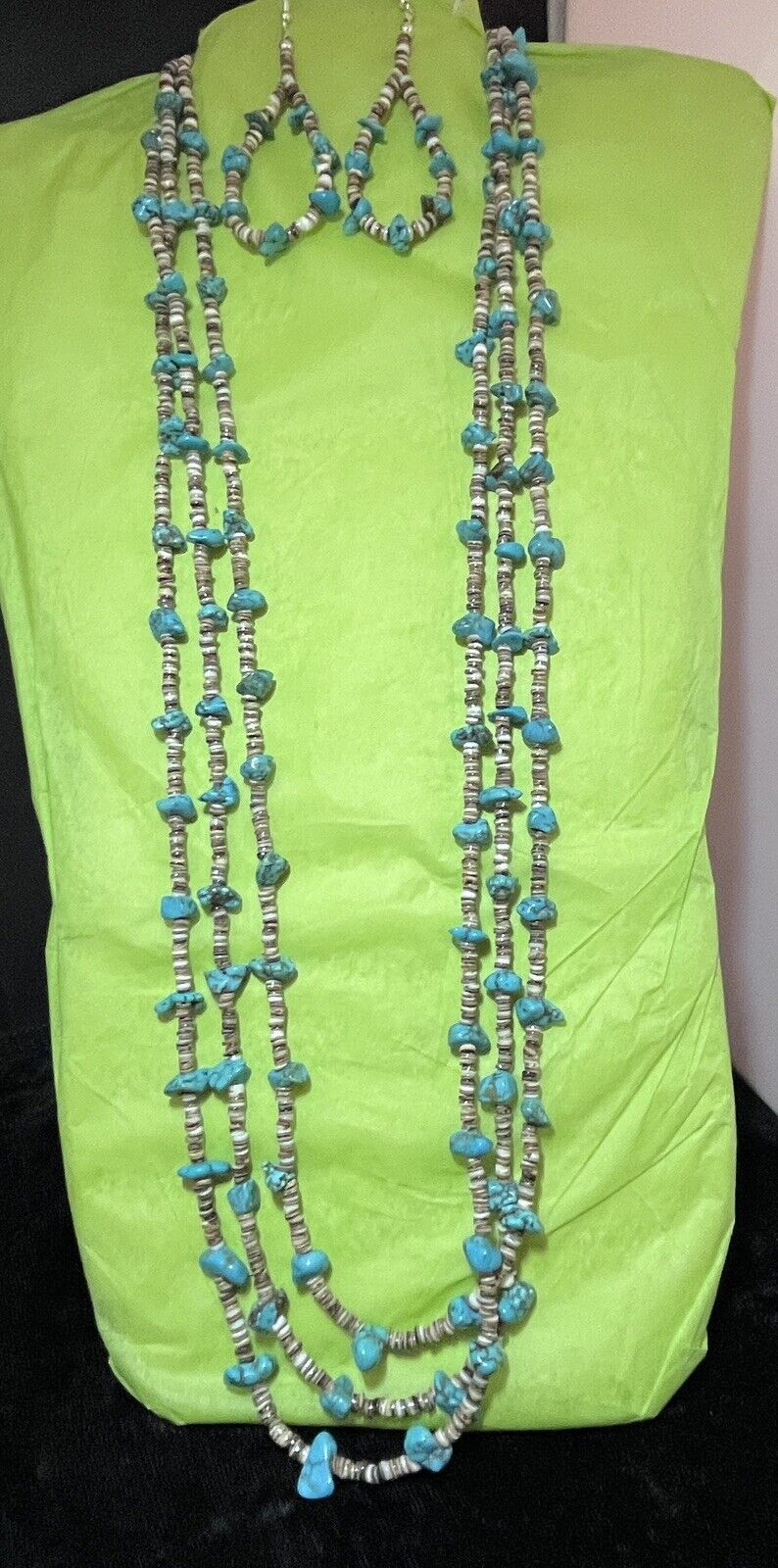 Navajo 3-Strand Turquoise And Heishi Necklace /Earrings Set #836