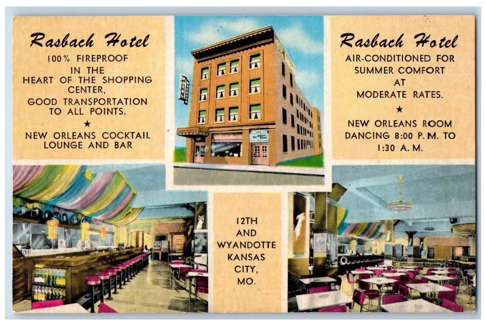 Kansas City Missouri MO Postcard Rasbach Hotel Wyandotte Multiview c1940 Vintage