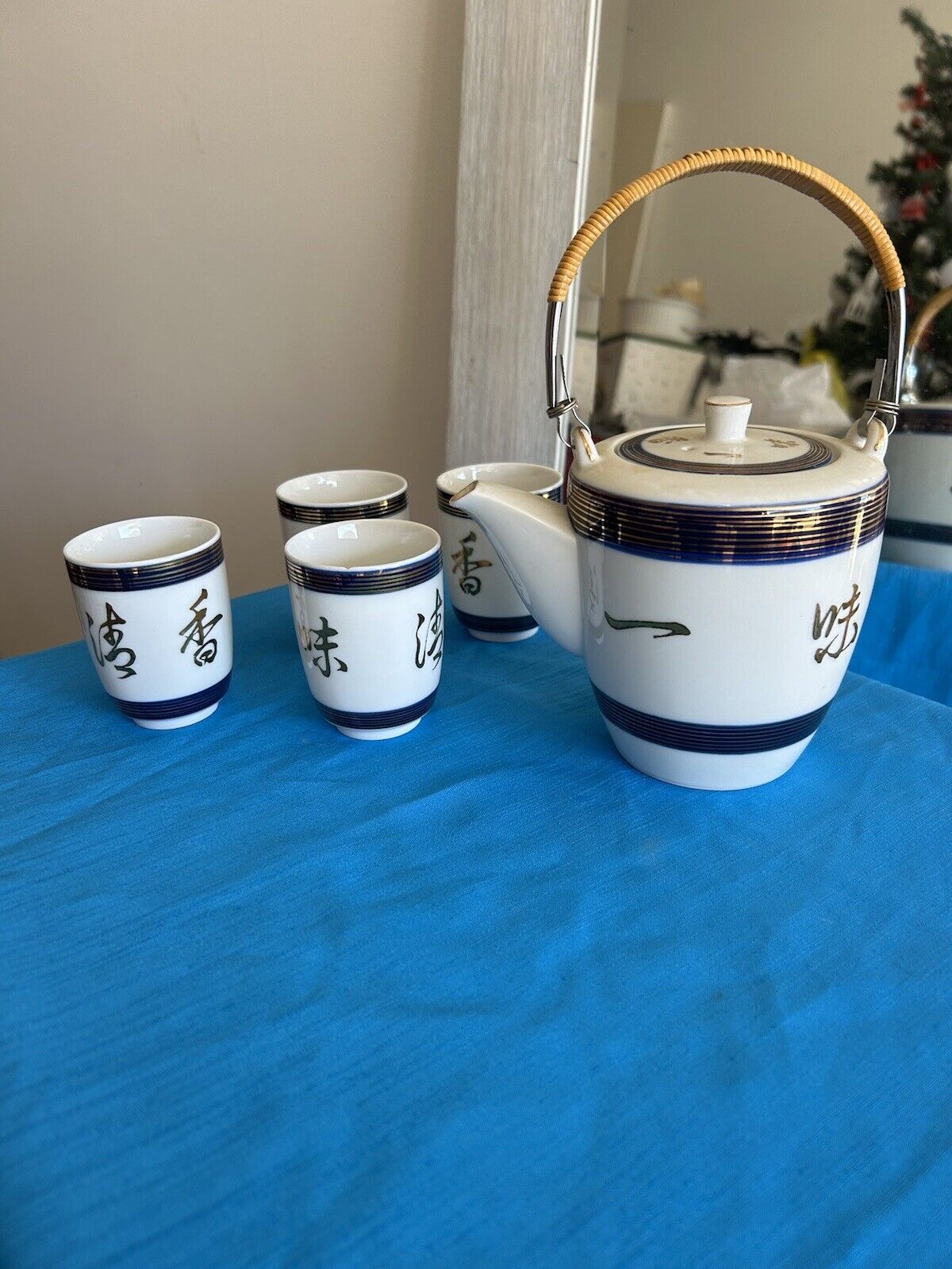 antique japanese tea set , white and blue vintage 