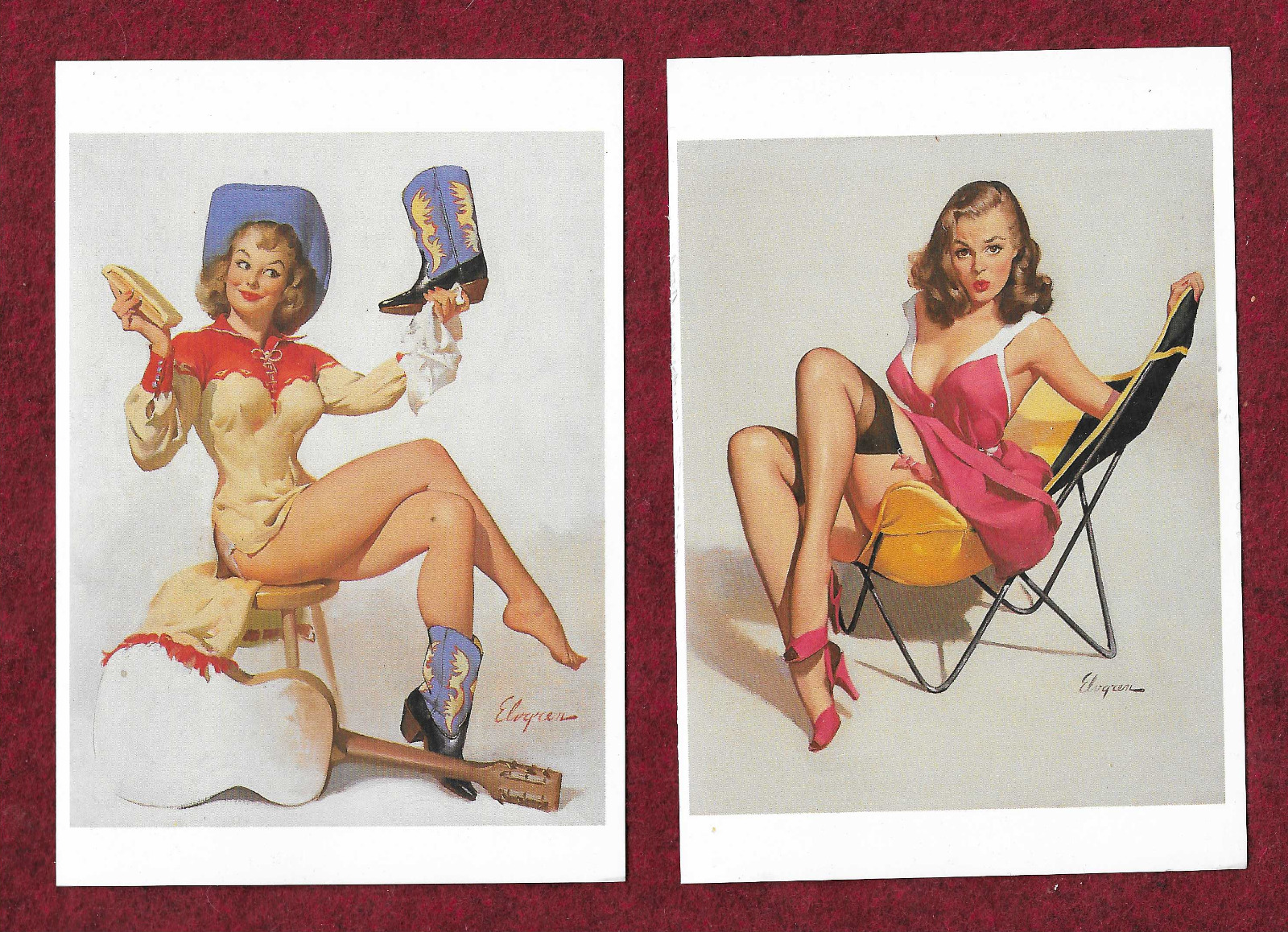 Two Vintage Gil Elvgren Paintings on Unused Mint 1996 Pinup Postcards Sexy GGA