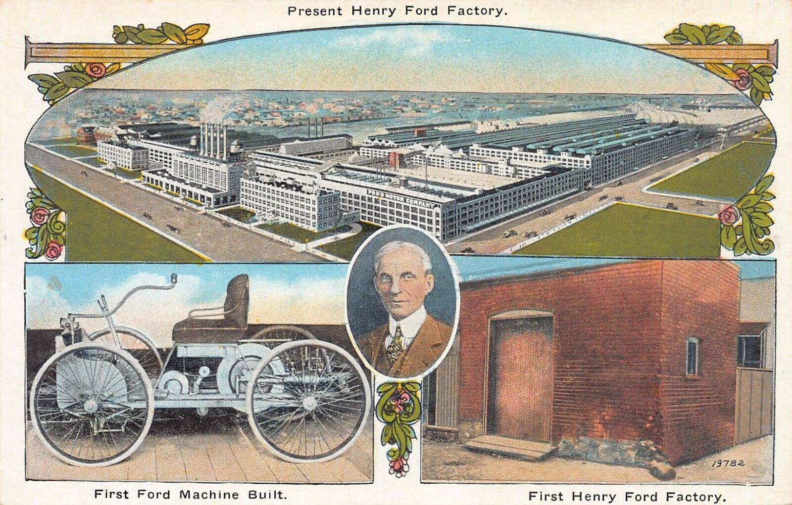 Henry Ford, The First Ford Car, and Ford Factories, Early Postcard, Unused