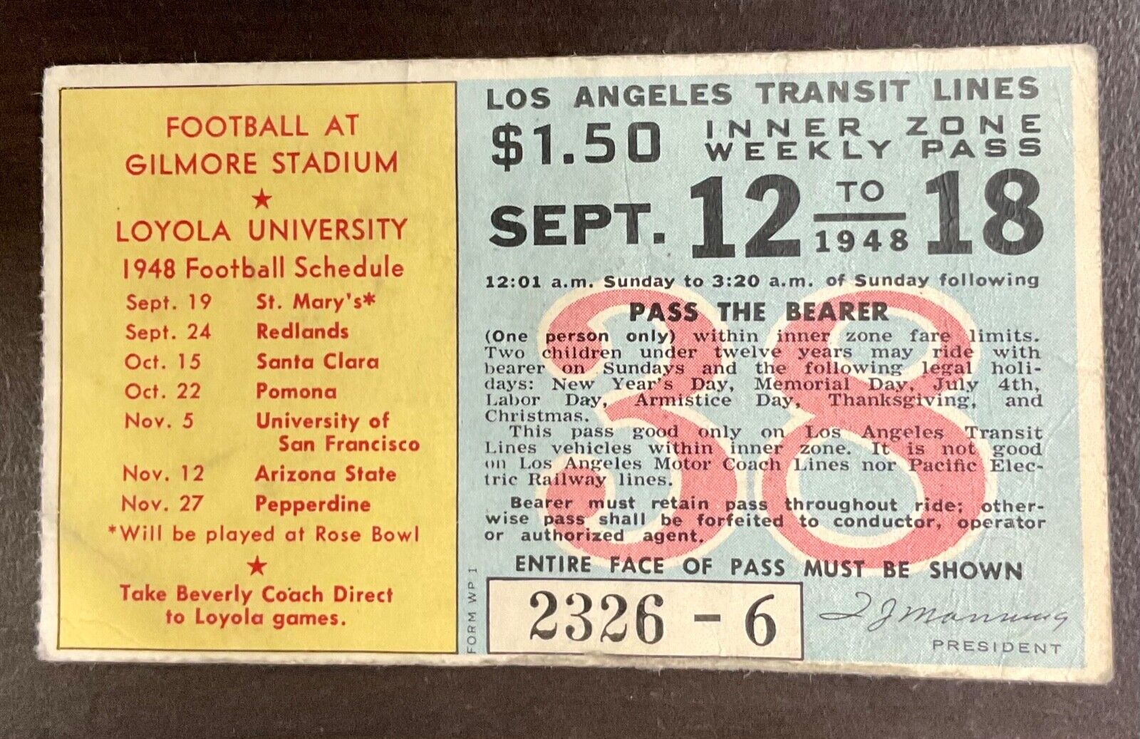 Los Angeles Railway Pass 1948 Loyola (Marymount) University Football Schedule 