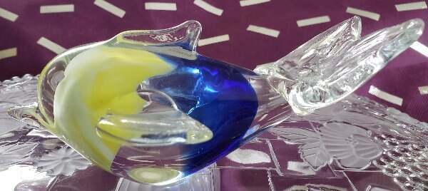 Thriftchi Art Glass Whale Clear With Yellow Blue & White Colors Deep Inside