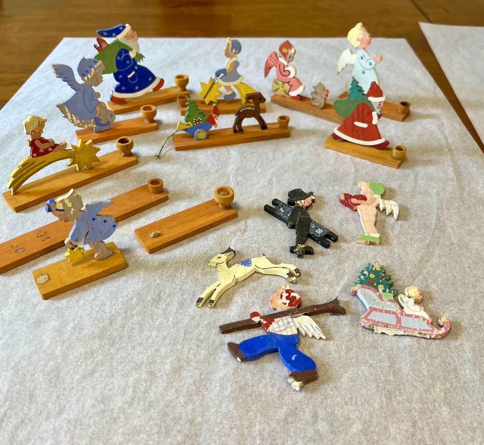 Vintage German ? Wooden Flat Christmas Ornaments / Candleholders