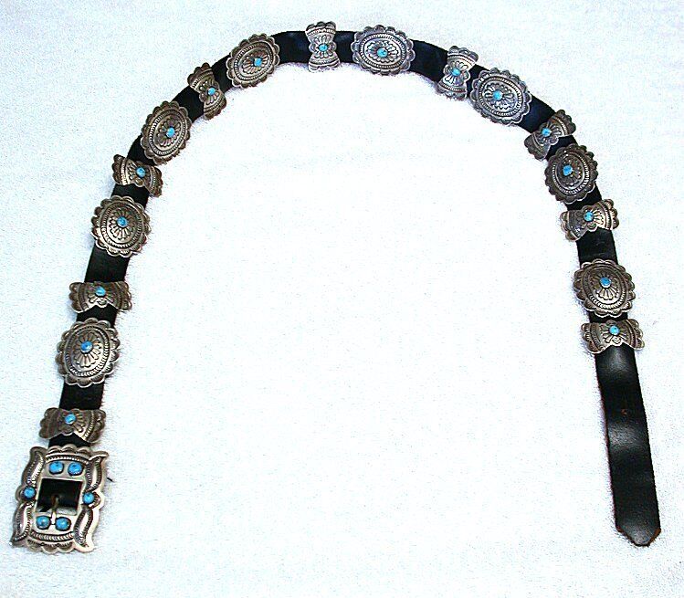 Navajo VINTAGE Signed A B Sterling Oval Butterfly Conchos 39 Inch Leather Belt