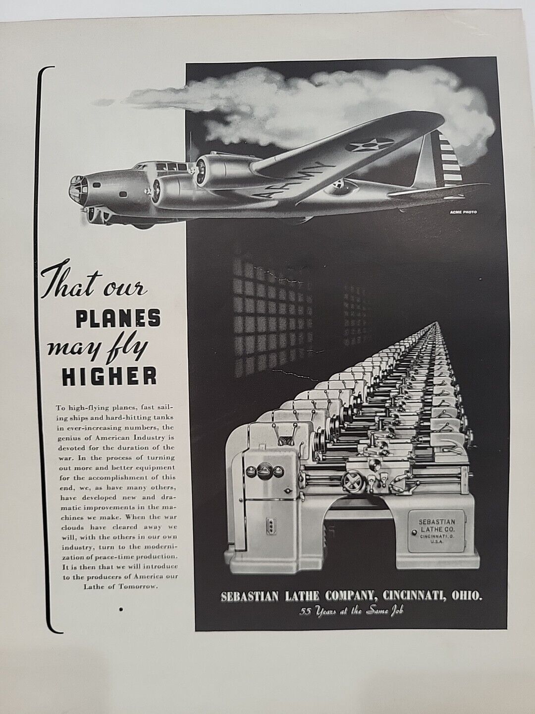 1942 Sebastian Lathe Company Fortune WW2 Print Ad Q1 U.S. ARMY War Planes