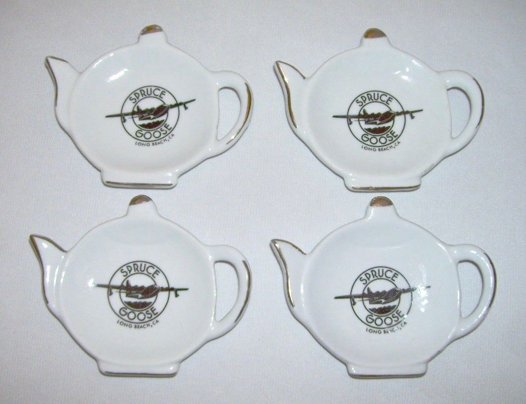 SPRUCE GOOSE~ Set (4) Porcelain TEA POT SHAPED - TEA BAG HOLDERS~ Long Beach, CA