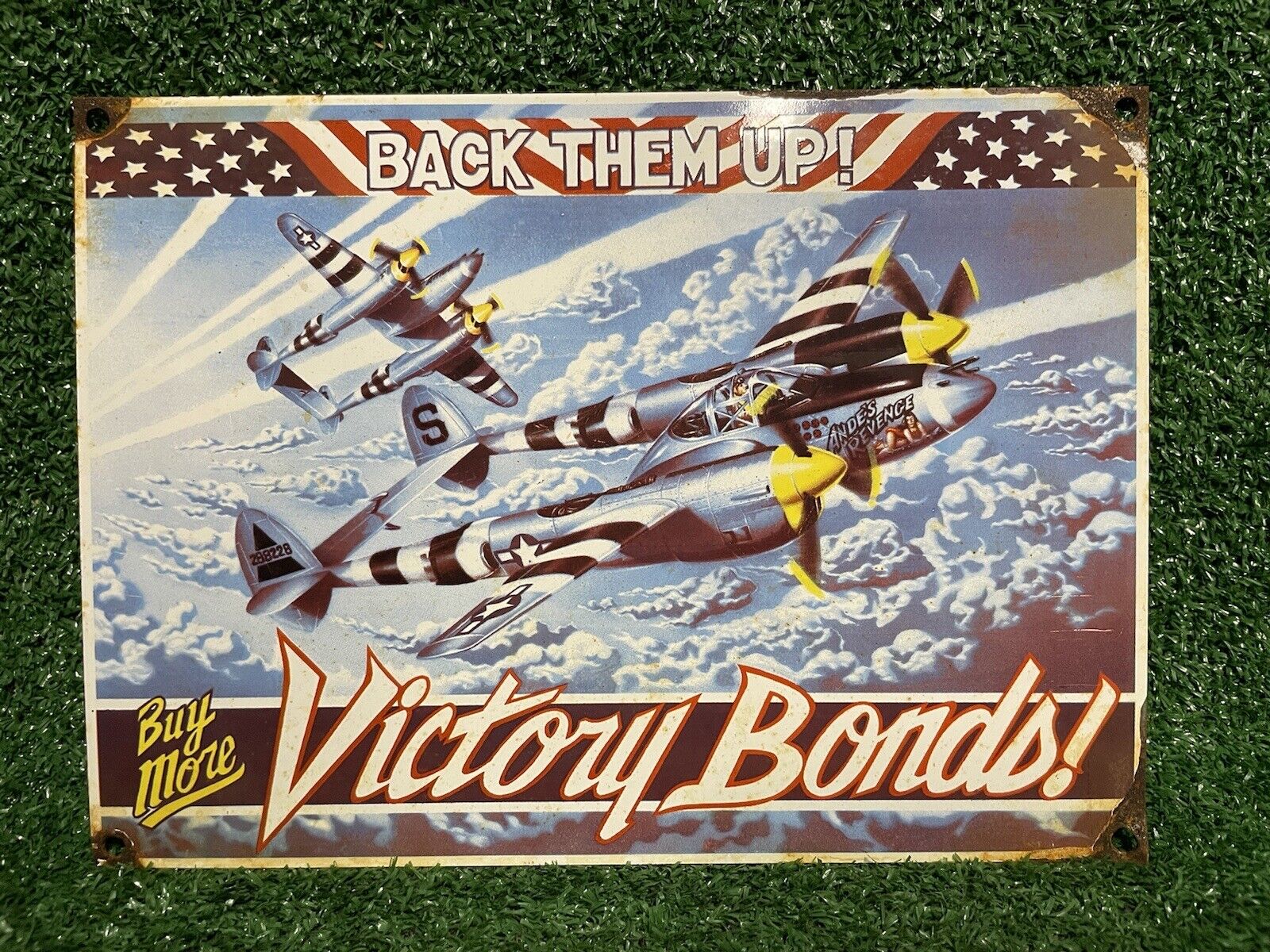 VINTAGE VICTORY BONDS PORCELAIN SIGN AMERICAN MILITARY WAR NAVY AIR FORCE PLANE