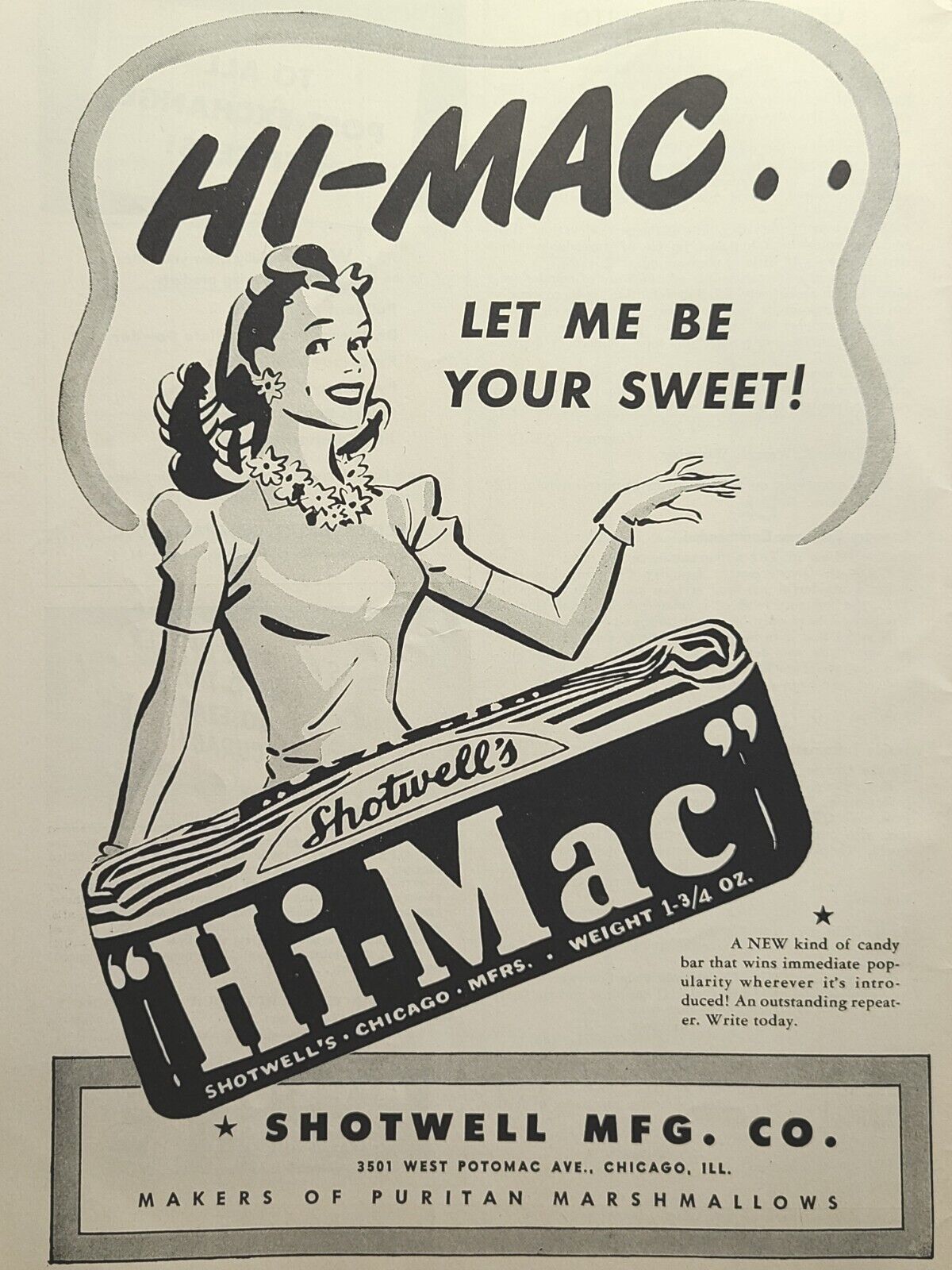 Shotwell\'s Hi-Mac Candy Bar Chicago Sweet Girl Vintage Print Ad 1944
