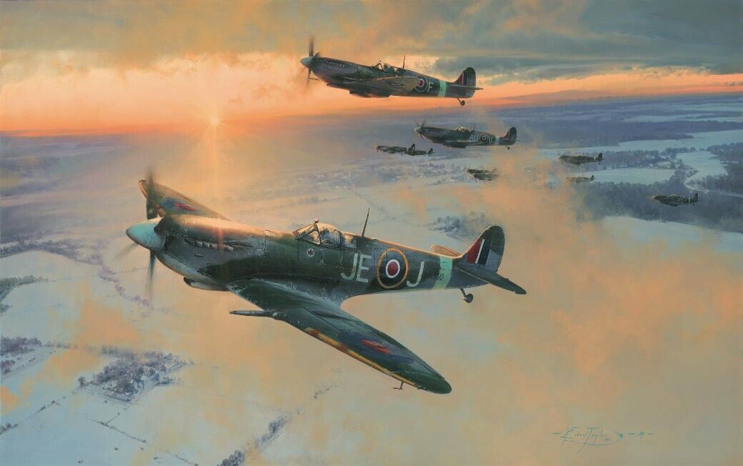 MIDWINTER DAWN by Robert Taylor signed by Johnnie Johnson & WW2 Spitfire Pilots