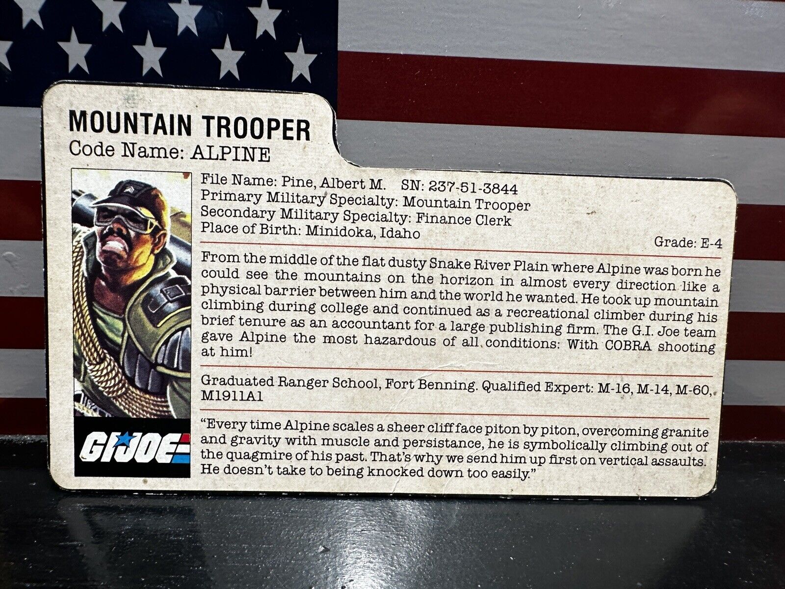 1985 GI Joe ALPINE File Card Only Near Mint ARAH vintage Mountain Trooper