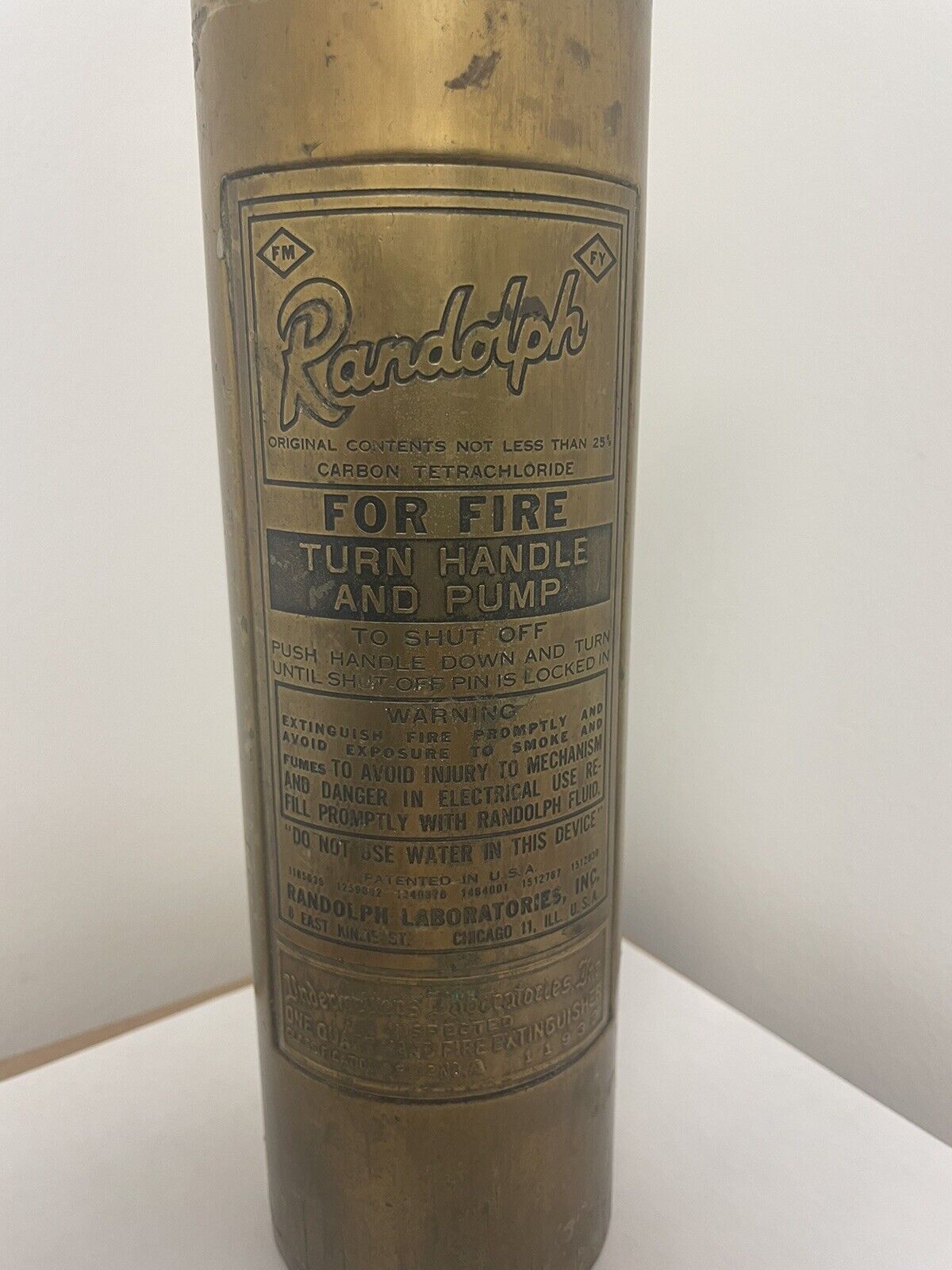 ***EMPTY***  Vintage Randolph Brass FIRE EXTINGUISHER with Wall Bracket