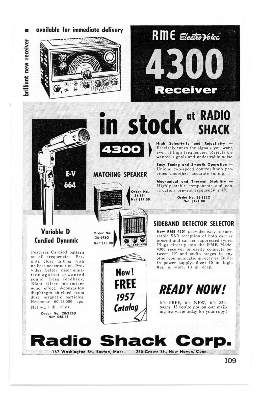 QST Ham Radio Magazine Ad RME Electro-Voice 4300 Receiver RADIO SHACK (9/56)