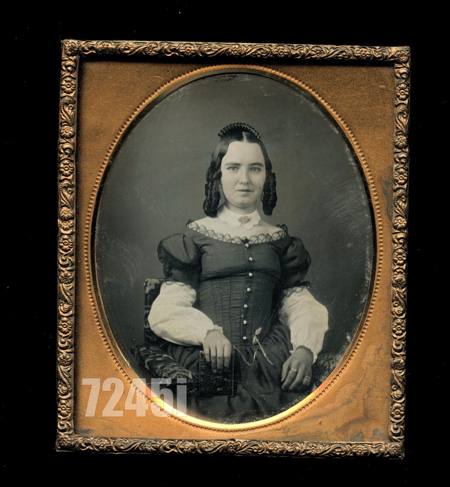Daguerreotype of a Woman Holding Photo Case Ringlet Curls Great Dress