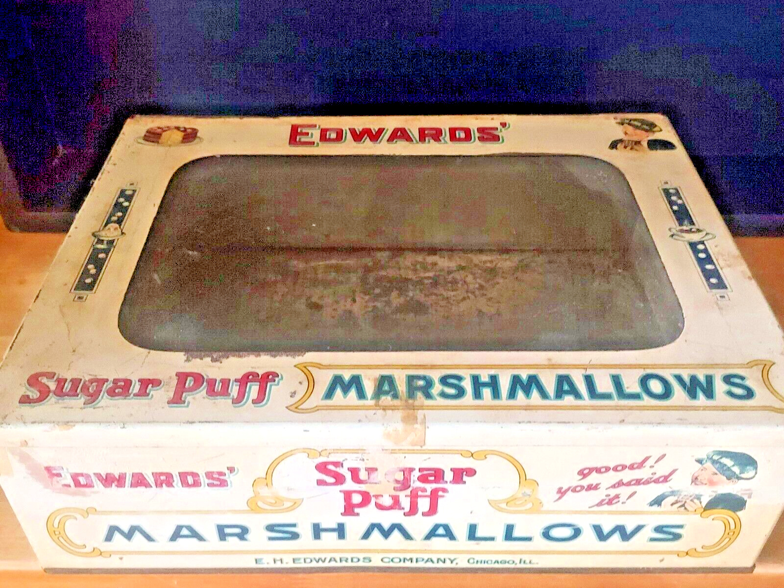 Vintage Edward\'s Sugar Puff Marshmallow Tin Glass Lid Store Display Rare
