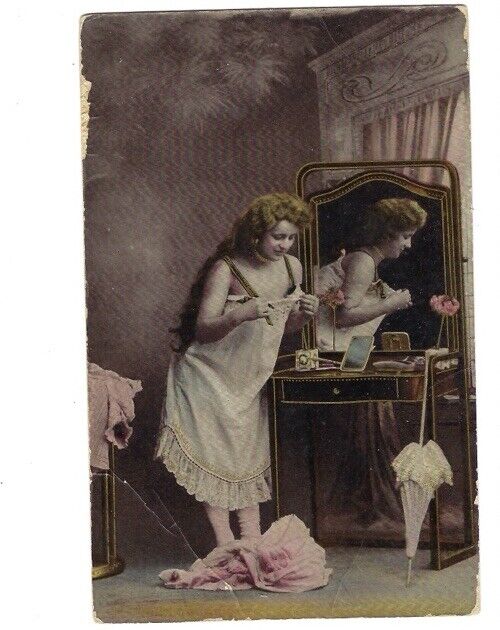 c1910 Cute Girl Getting Ready Beautiful Mirror Gold Gilt Hand Colored? Postcard