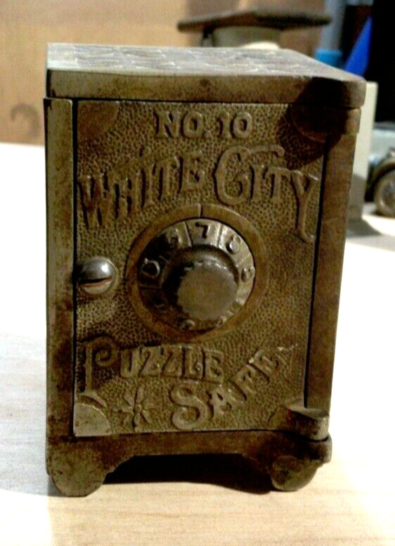 Antique White City Puzzle Safe Still Bank, Nicol Co. Chicago, Pat. 10/23/1894