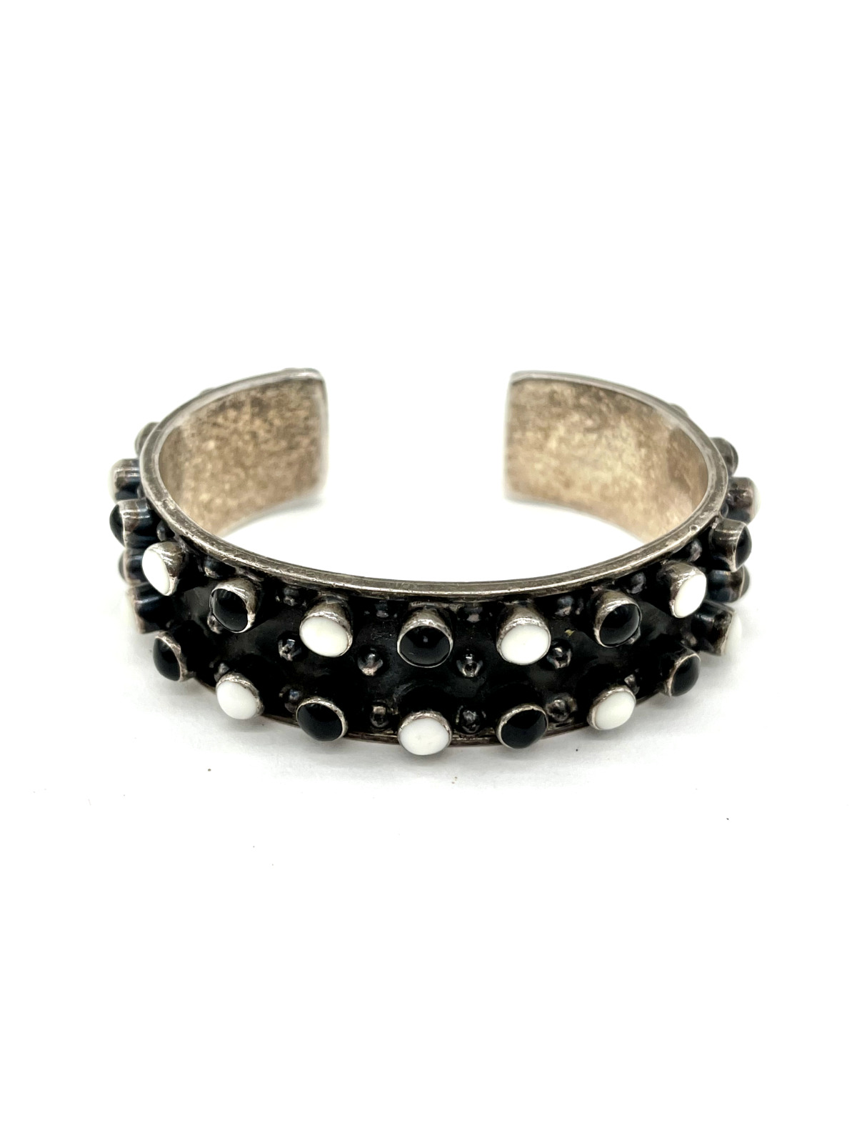 Vintage Native American Cuff Bracelet - Silver, Black/White Stones Modern Design