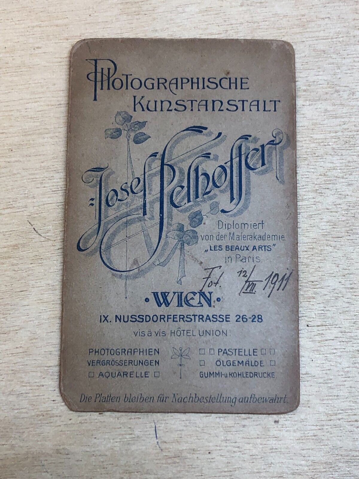 Vintage Photography Advertising Business Card   Josef Felhoffer    Wien, Austria