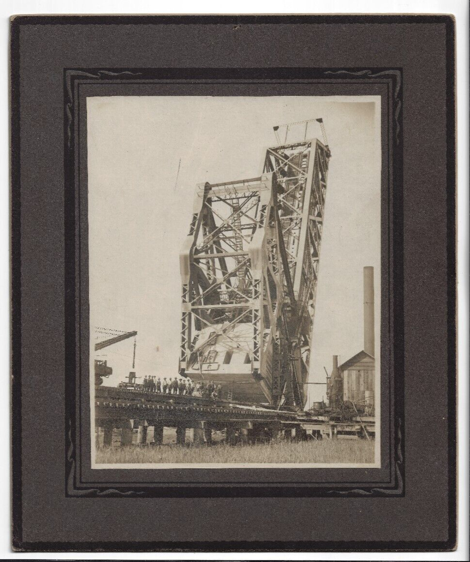 Railroad Lift Bridge Construction Photo with Workmen Cabinet Card