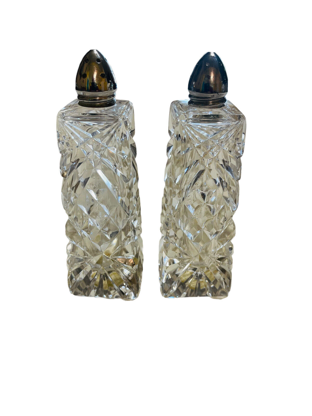 VTg Elegant (2) Clear Cut Crystal Salt & Pepper Shaker Bottle With Metal Tops