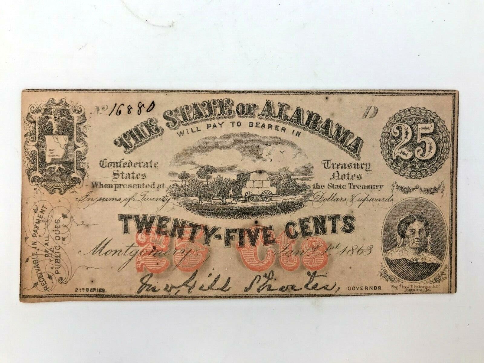 RARE CONFED. CURRENCY - ALABAMA - TWENTY-FIVE CENTS NOTE - RARE CURRENCY - AL75