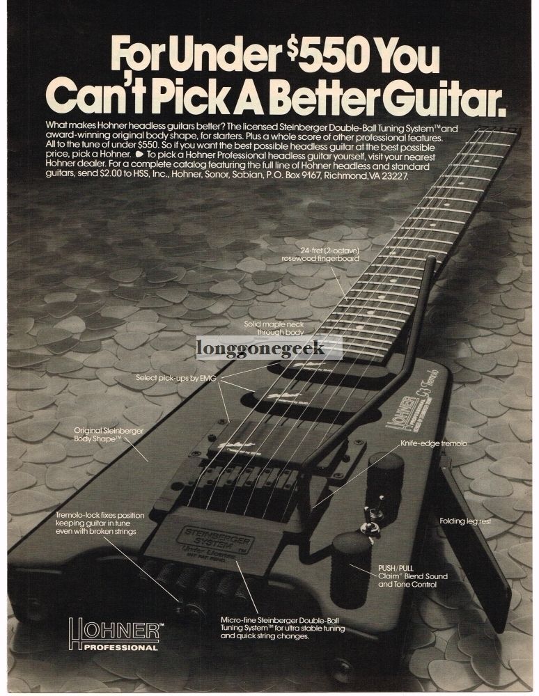 1988 HOHNER Professional Headless Electric Guitar Vintage Print Ad 