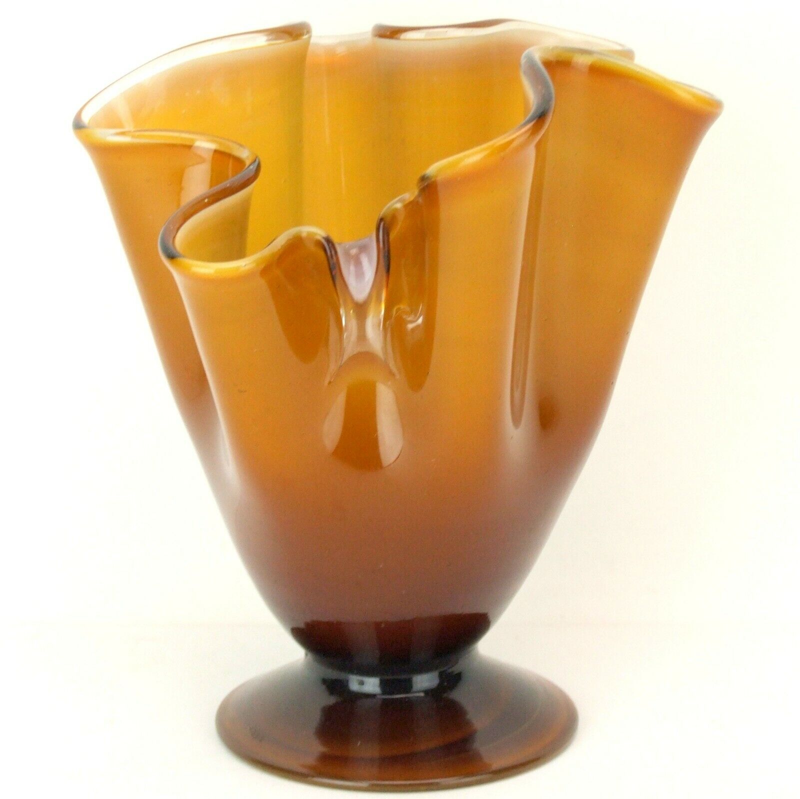Murano Style Handblown Free Form Ruffle Amber Art Glass Footed Vase EUC