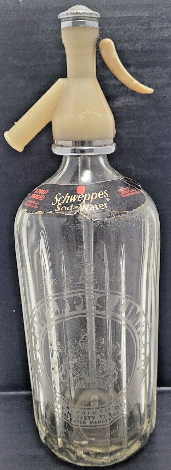 VINTAGE SCHWEPPES SODA WATER SYPHON ACID ETCHED BY APPT TO HER MAJESTY THE QUEEN