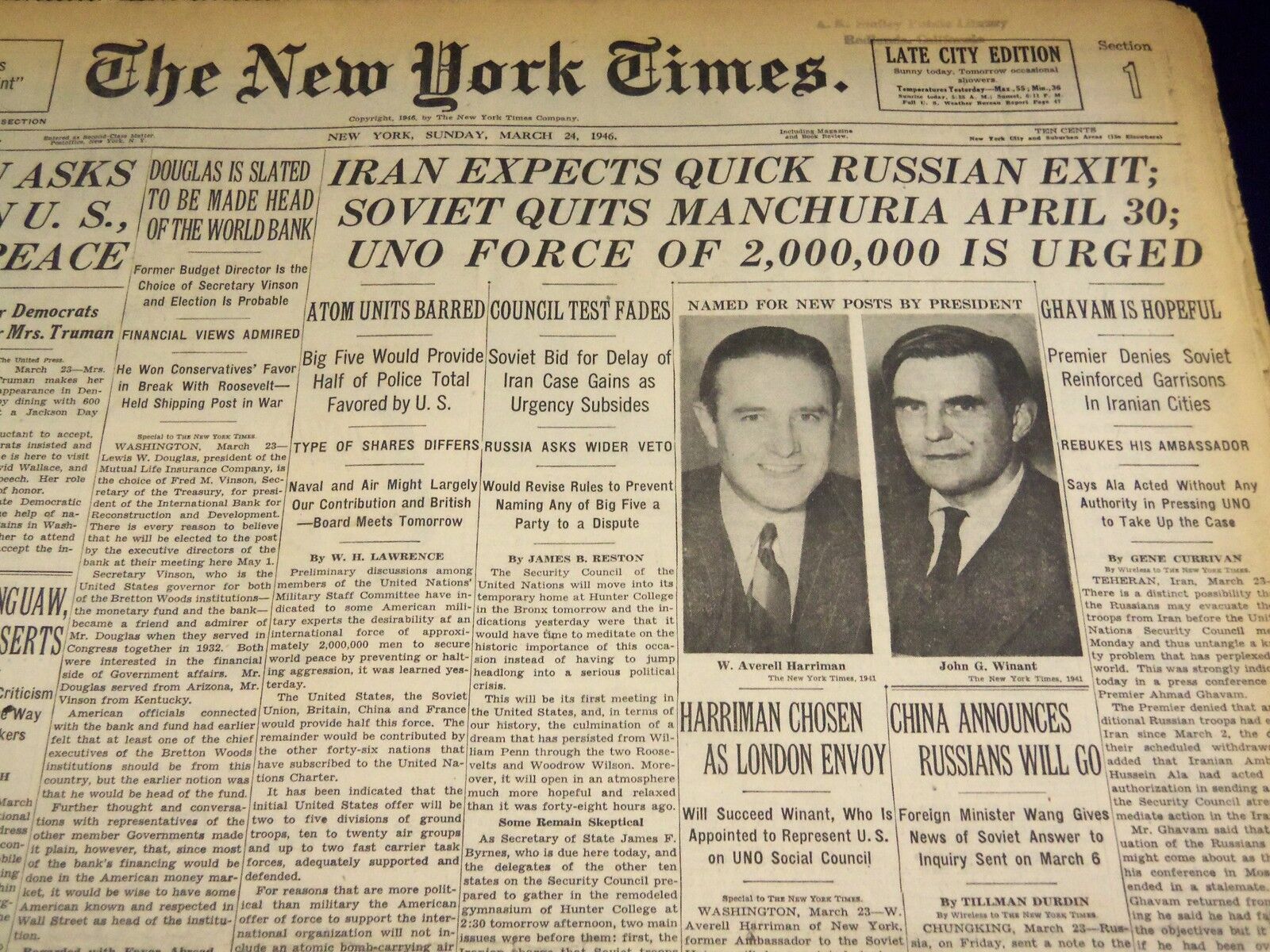 1946 MARCH 24 NEW YORK TIMES - IRAN EXPECTS QUICK RUSSIAN EXIT - NT 2614