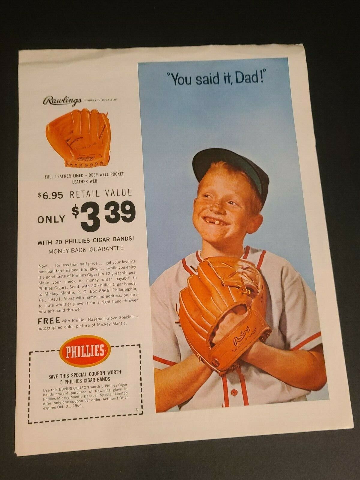 1964 Phillies Cigar Ad Baseball Rawlings Glove