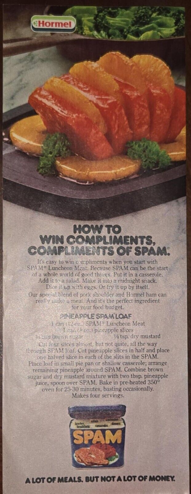SPAM 1980 Hormel Vintage Print Ad Recipe For Pineapple SPAM Loaf Luncheon Meat