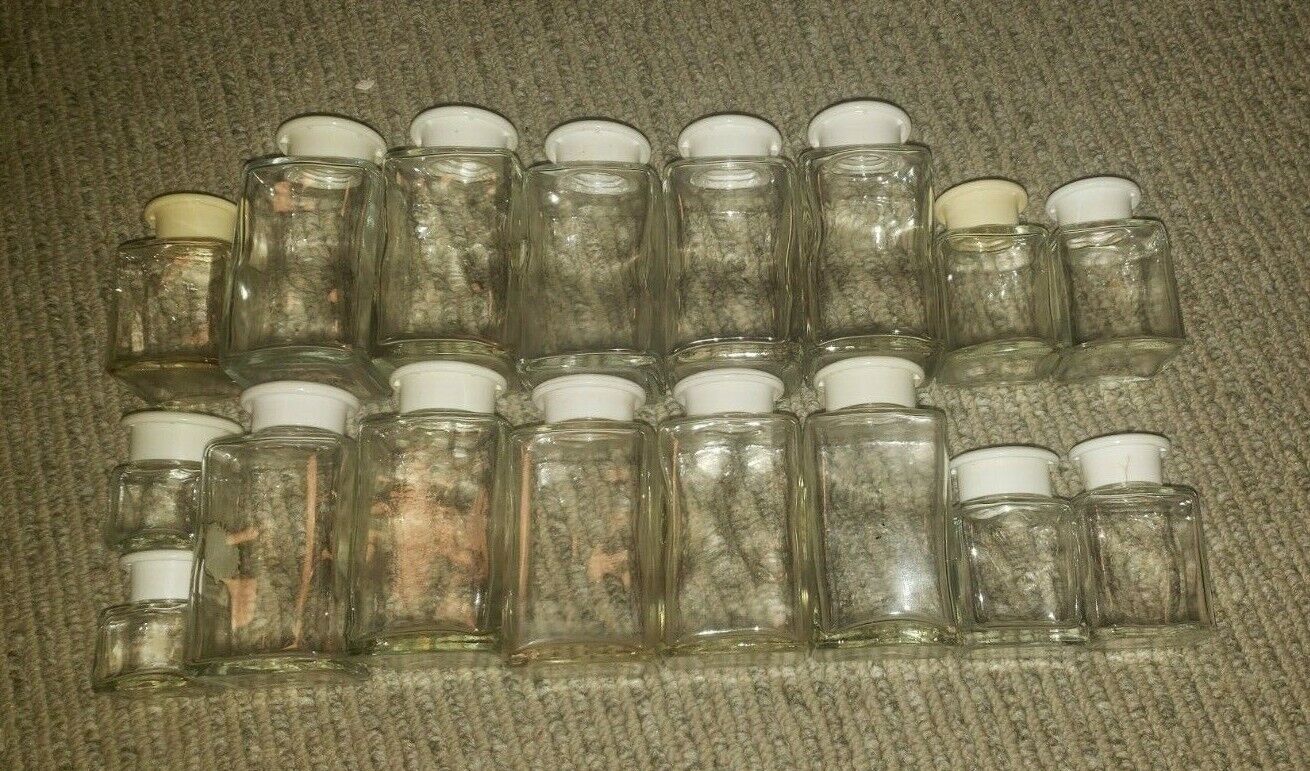 Vintage Upjohn Glass Spice Bottles Dimpled Lids Lot of 17 Different Sizes