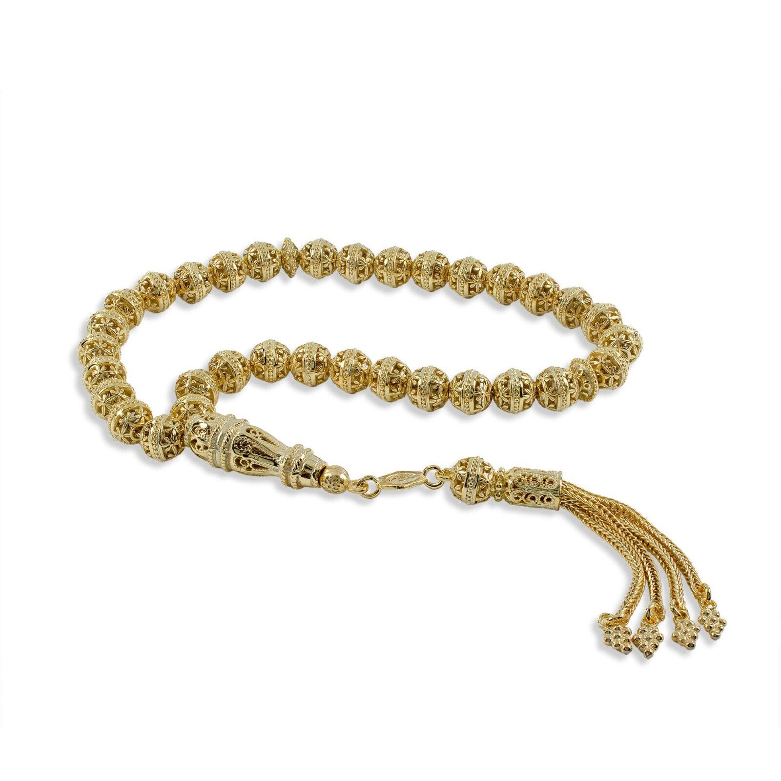 18k Gold Plated Solid Sterling Silver Filigree Art Tasbih Prayer Worry Beads