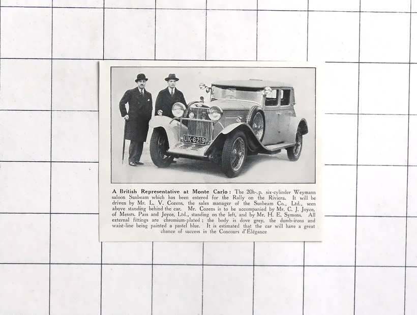 1929 20 HP Weymann Sunbeam To Be Driven By L V Cozens In Riviera Rally