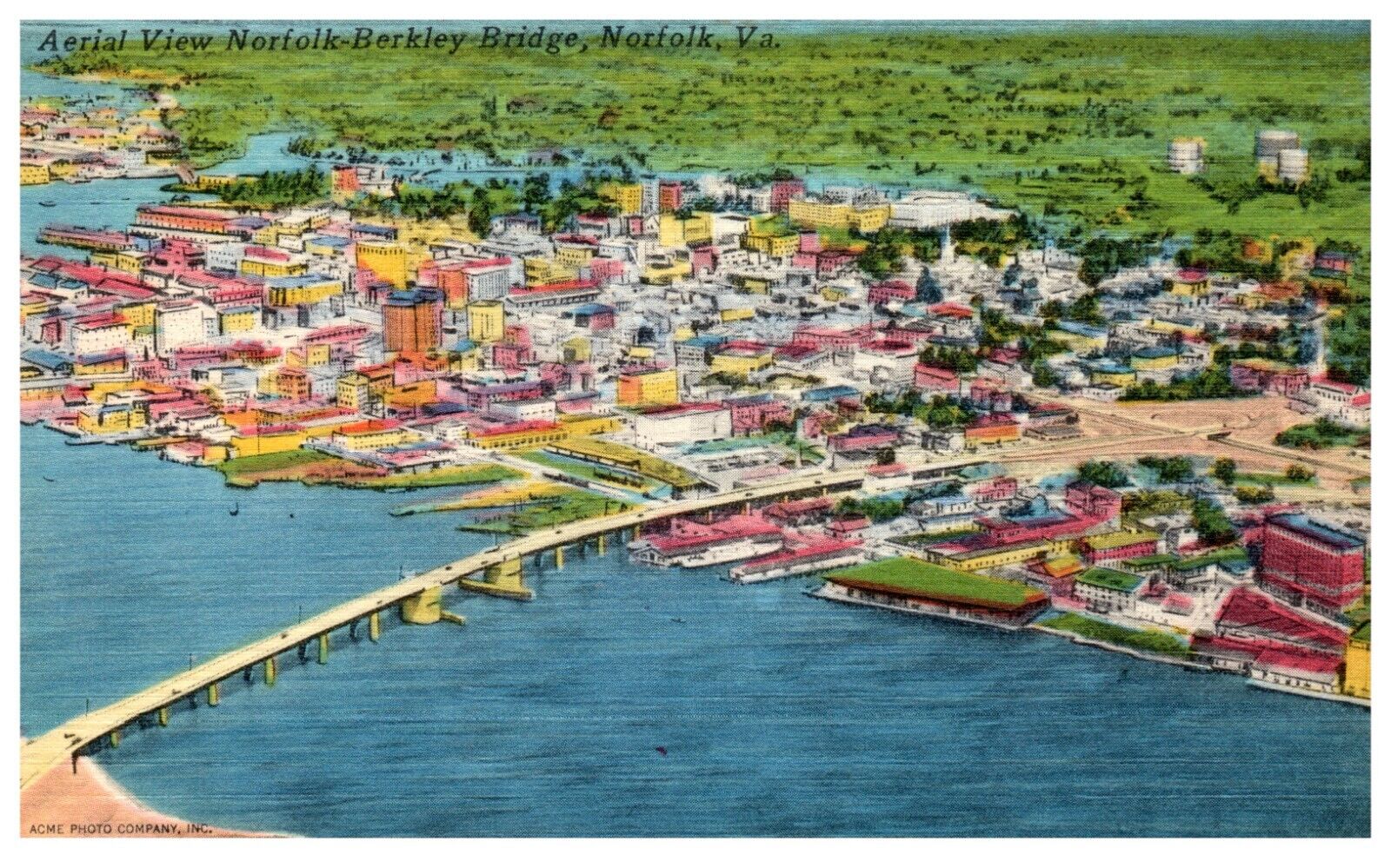 Postcard Old Aerial View of Norfolk Berkley Bridge Virginia 1930s/1940s?