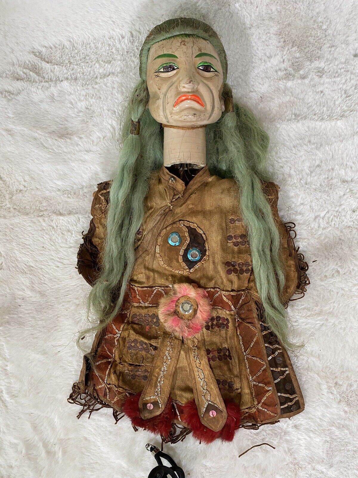 ANTIQUE OPERA PUPPET Chinese Theater Doll Wood Carved Green Hair