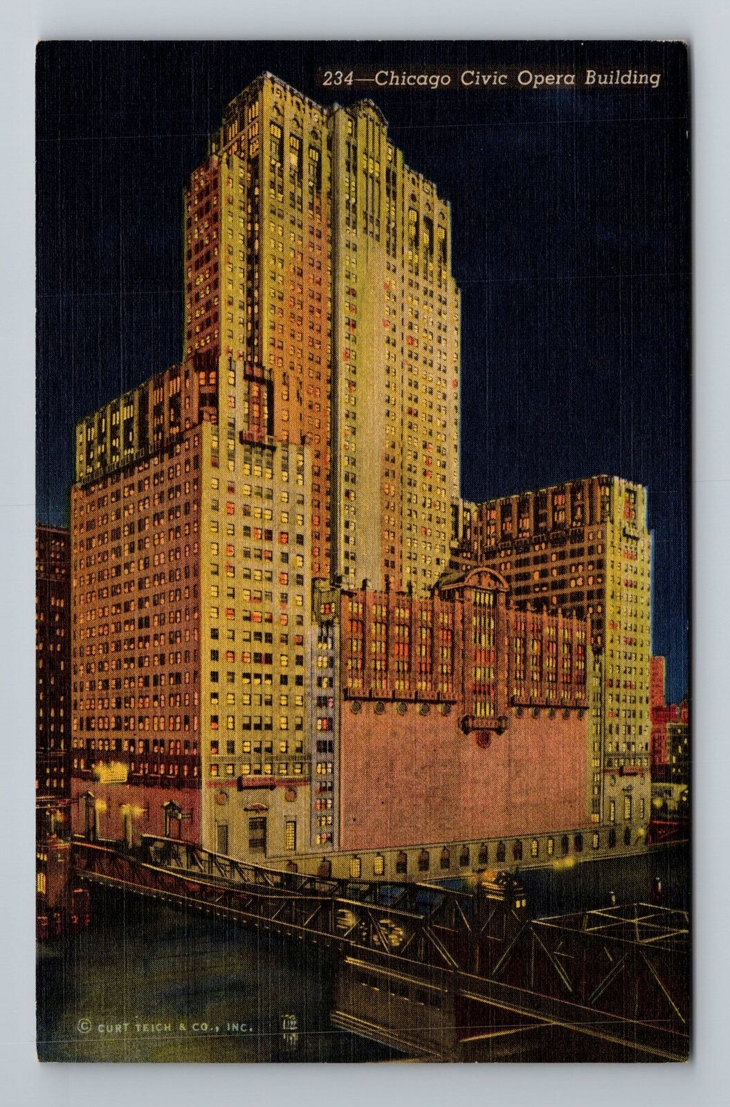 Chicago IL-Illinois, Civic Opera Building at Night, Vintage Postcard
