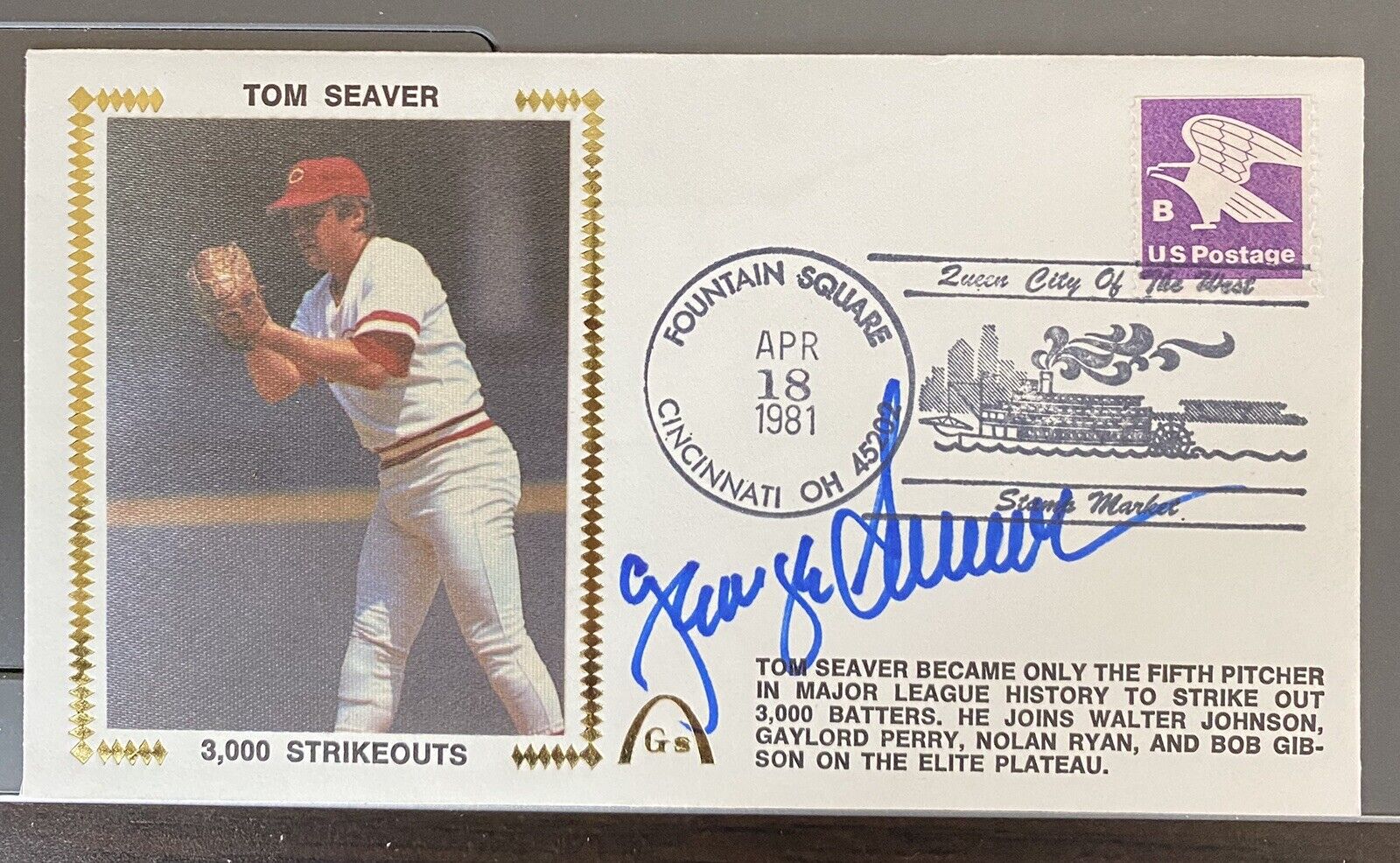 1981 Gateway Stamp Cachet Envelope Tom GEORGE SEAVER Reds  3,000 K\'S AUTO