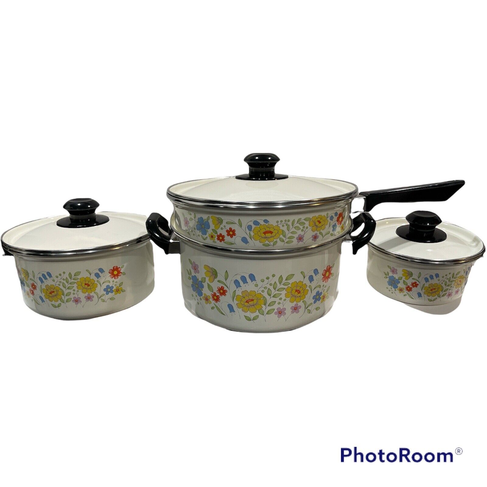 New Sunny Floral 1970s 7pc vintage porcelain enamel cookware set