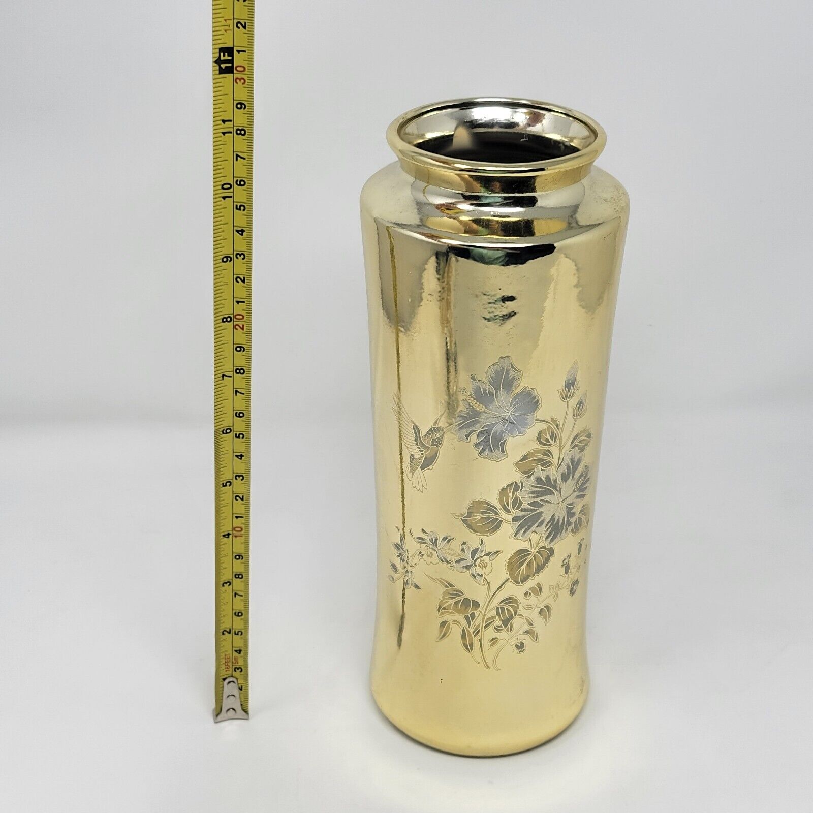 Japanese Mercury Glass Hummingbird & Flowers Etched Vase Large Mid 50\'s