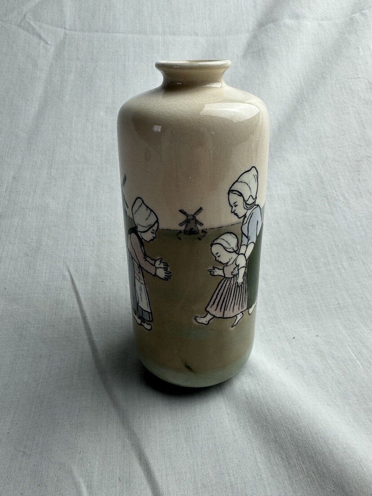 Antique Dutch Children and Windmill Handpainted Porcelain Vase 5.5 Inches