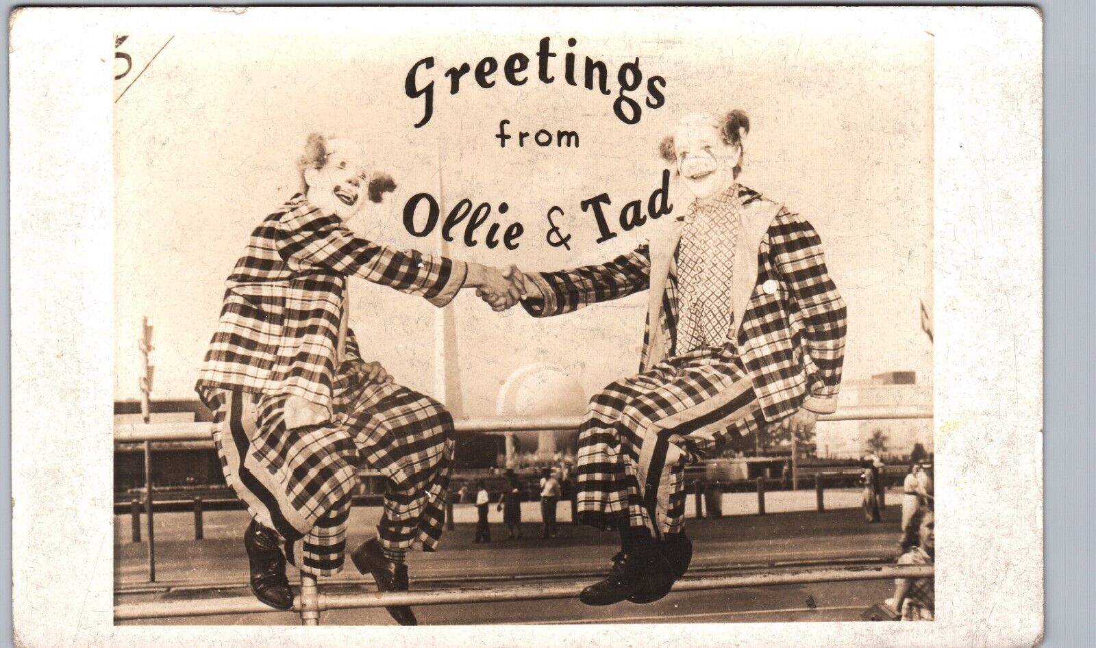 CIRCUS CLOWN PAIR ollie and tad real photo postcard rppc costume comedy